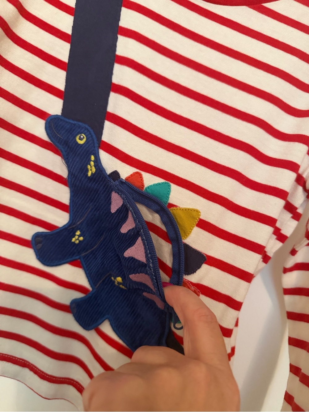 Mini Boden Red and Cream Stripe Long-Sleeve Tee with Navy Dino Applique - Picture 3 of 5